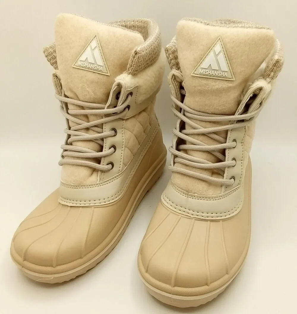 Mishansha Mid-Calf Waterproof Winter Snow Boot for Women Biege SIze 7